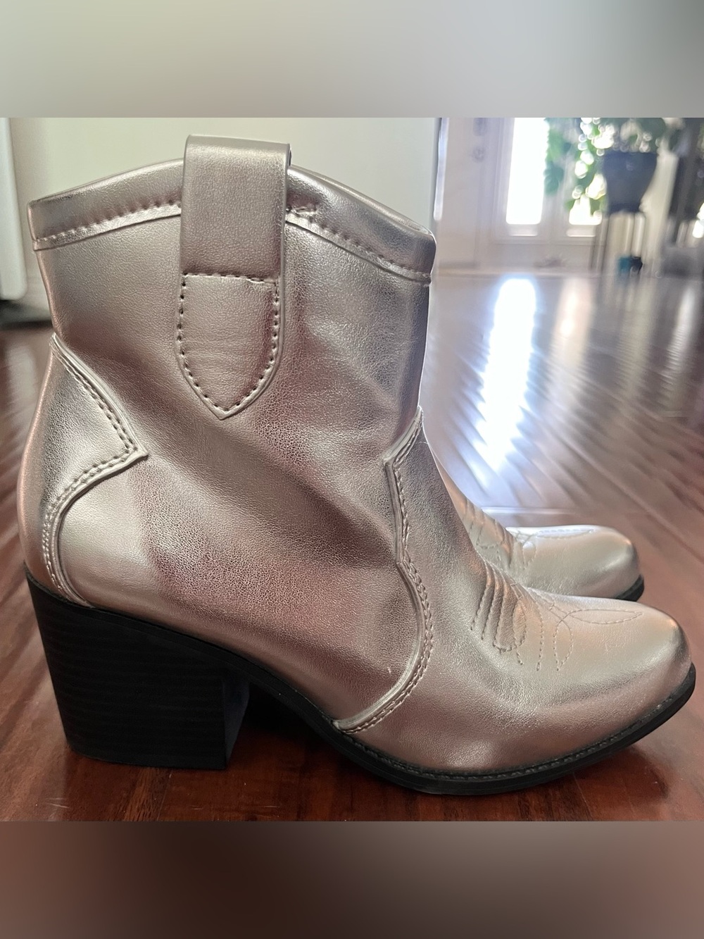 Soda Metallic Silver Western Ankle Booties